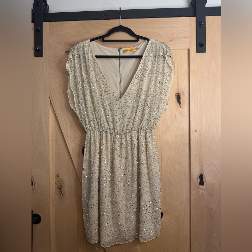 Alice + Olivia Cream & Silver Sequin Silk Mini Dress, fully lined - Size Medium